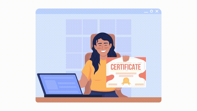 Animated isolated online certificate. E-learning course. Looped flat 2D character 4k video footage with alpha channel. Software development skills. Colorful animation for mobile, website, social media