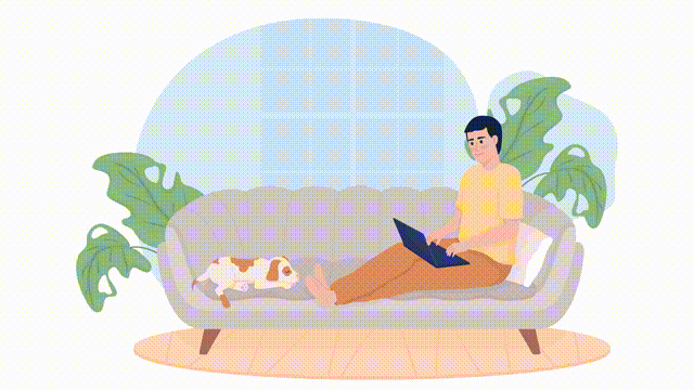 Animated isolated remote job. Freelancer with dog. Looped flat 2D character 4k video footage with alpha channel. Comfortable working at home colorful animation for mobile, website, social media