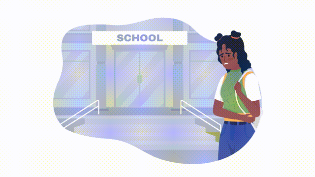 Animated isolated school after covid. Looped flat 2D character HD video footage with alpha channel. Colorful animation on transparent background for website, social media. Archivo Black font used