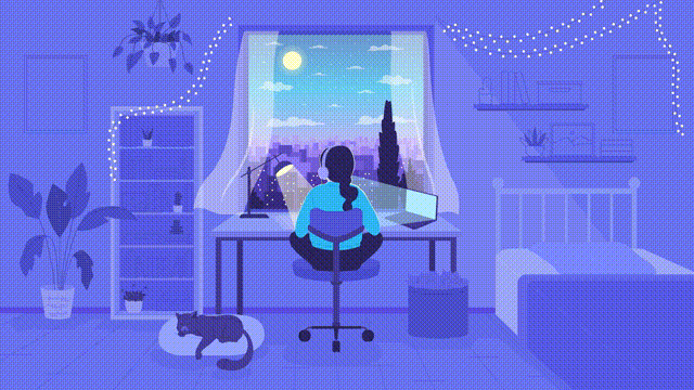 Animated lo fi background, late night homework. 2D cartoon character animation with nighttime cozy bedroom interior on background. 4K video footage with alpha channel for lofi music aesthetic