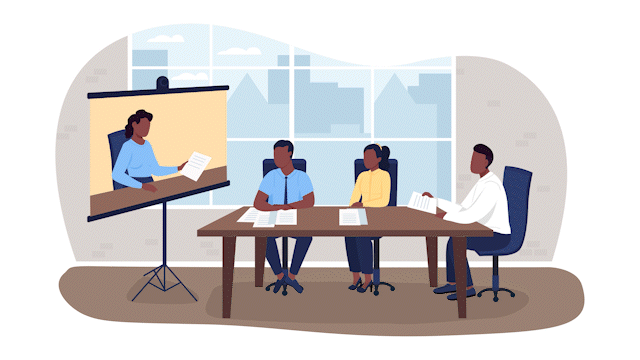 Animated meeting isolated scene. Virtual leadership summit. Looped flat 2D characters 4k video footage with alpha channel. Teleconference colorful illustration for mobile, website, animation