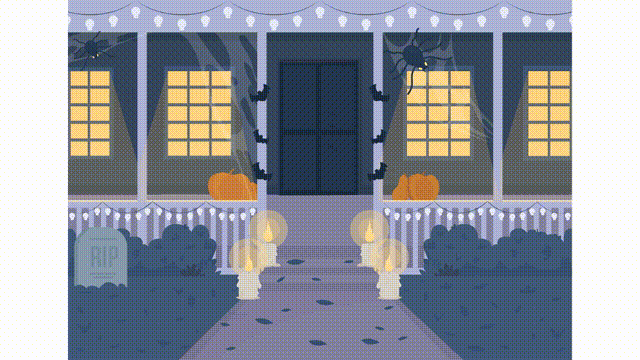 Animated monster house illustration. Devil creatures waiting at building. Looped flat color 2D cartoon home exterior animation video in HD with wicked ghosts on transparent background