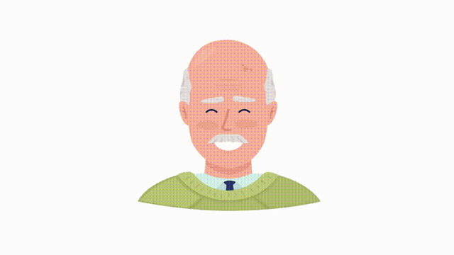 Animated old man air kiss emotion. Senior male fall in love. Flat character head with facial expression animation. Colorful cartoon style HD video footage on white with alpha channel transparency