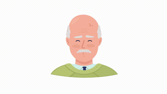 Animated old man in love emotion. Send air kiss. Flat character head with facial expression animation. Colorful cartoon style HD video footage on white with alpha channel transparency