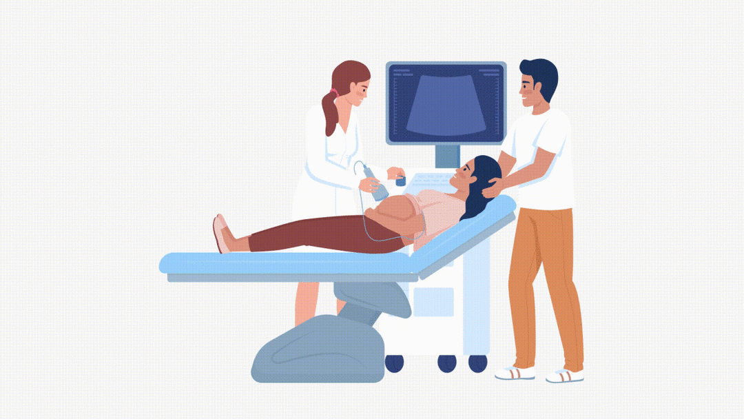 Animated parents-to-be characters. Expecting mother, father on ultrasound. Flat people HD video footage with alpha channel. Color cartoon style illustration on transparent background for animation