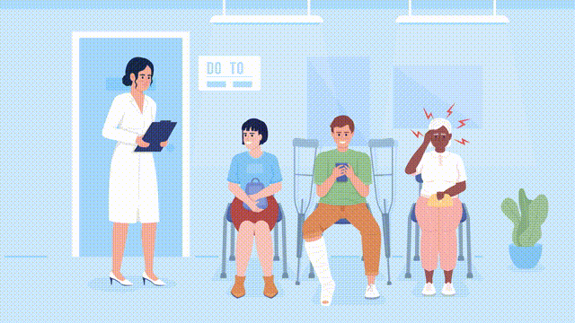 Animated patient flow illustration. Female doctor managing hospital queue. Looped flat color 2D cartoon characters animation video in HD with hospital interior on transparent background