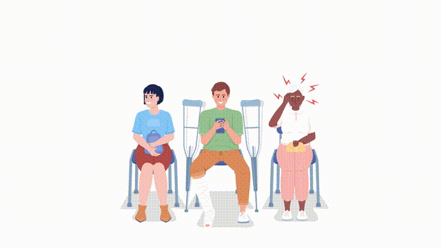 Animated patient queue characters. Waiting doctor appointment in hospital. Flat people HD video footage with alpha channel. Color cartoon style illustration on transparent background for animation