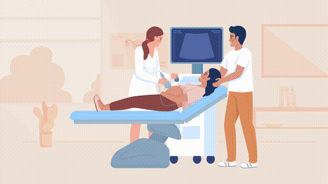 Animated prenatal test illustration. Fetal ultrasound. Pregnancy announcement. Looped flat color 2D cartoon characters animation video in HD with hospital interior on transparent background
