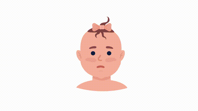 Animated scared baby emotion. Crying little girl. Flat character head with facial expression animation. Colorful cartoon style HD video footage on white with alpha channel transparency
