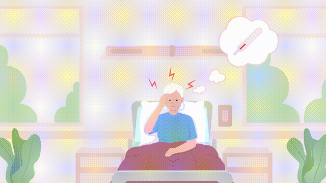 Animated senior fever illustration. High temperature in elderly patient. Covid risk. Looped flat color 2D cartoon character animation video in HD with hospital interior on transparent background