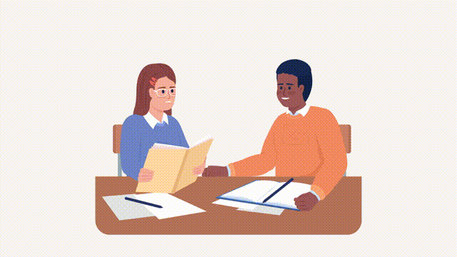 Animated study buddies characters. Working with classmate. Full body flat people HD video footage with alpha channel. Color cartoon style illustration on transparent background for animation
