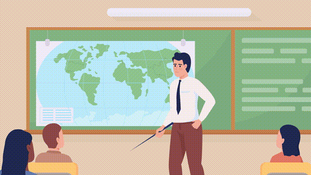 Animated study world illustration. Geography educator with students. High school. Looped flat color 2D cartoon characters animation video in HD with school interior on transparent background