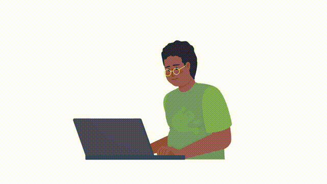 Animated studying boy character. Male teenager using laptop. Full body flat person HD video footage with alpha channel. Color cartoon style illustration on transparent background for animation