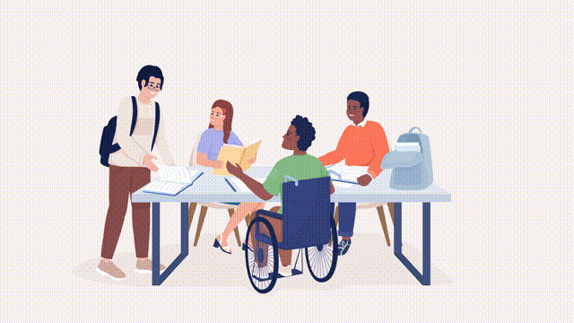 Animated studying friends characters. Group of classmates. Full body flat people HD video footage with alpha channel. Color cartoon style illustration on transparent background for animation