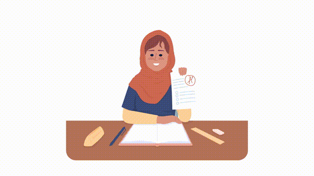 Animated top student girl character. Smiling pupil with test. Full body flat person HD video footage with alpha channel. Color cartoon style illustration on transparent background for animation