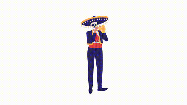 Animated trumpeter character. Full body flat person. HD video footage with alpha channel. Mexican traditional costume color cartoon style illustration on transparent background for animation