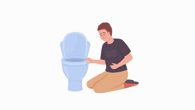 Animated vomiting character. Male experiencing nausea. Viral gastroenteritis. Flat person HD video footage with alpha channel. Color cartoon style illustration on transparent background for animation
