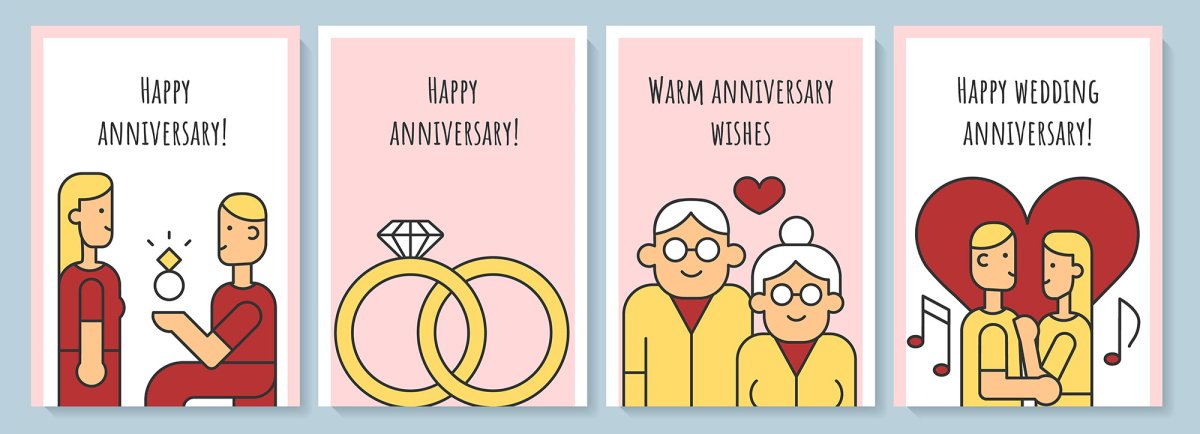 Anniversary greeting card with color icon element set