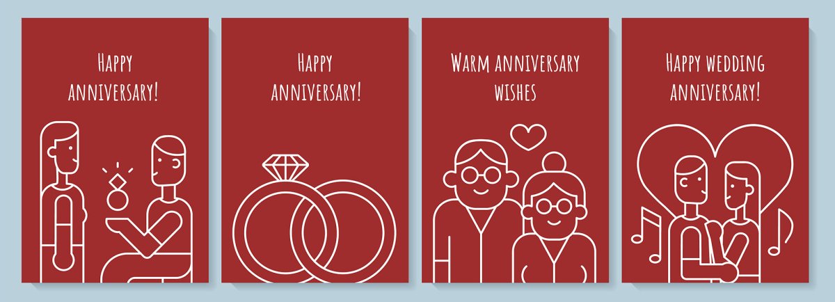 Anniversary postcard with linear glyph icon set