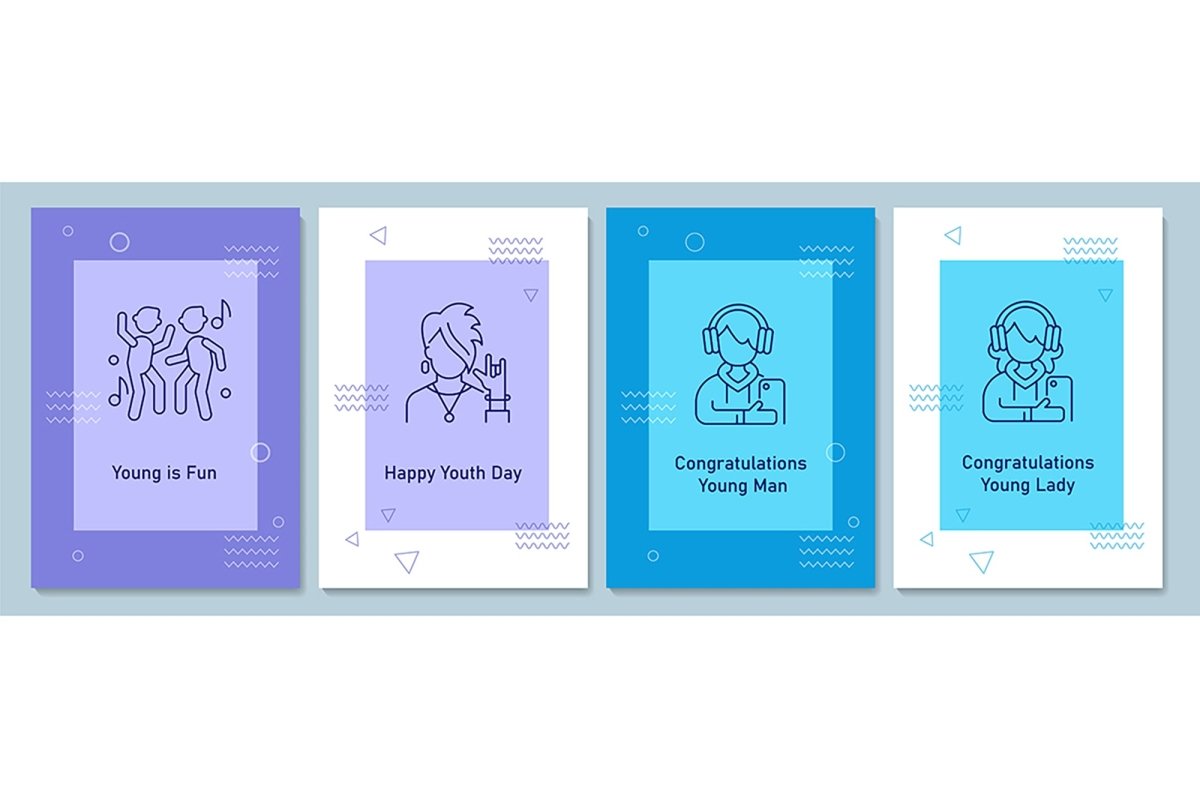 Annual youth day celebrating postcards with linear glyph icon set