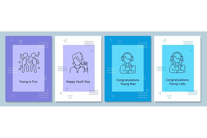 Annual youth day celebrating postcards with linear glyph icon set