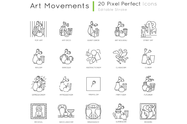 Art movements pixel perfect linear icons set