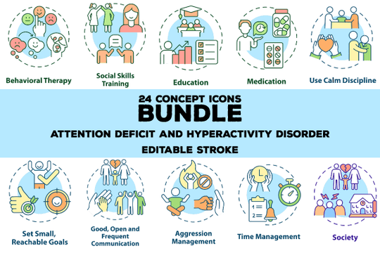 Attention deficit and hyperactivity disorder concept icons bundle
