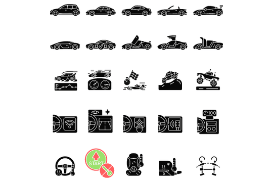 Auto racing black glyph icons set on white space