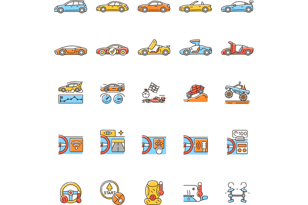 Auto racing RGB color icons set