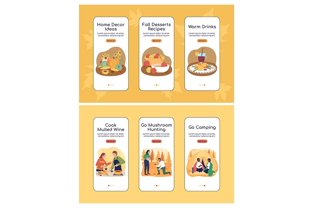 Autumn activities app screen vector template set
