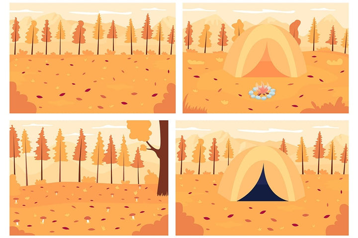 Autumn camping flat color vector illustration set