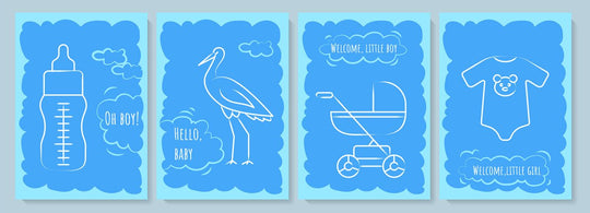 Baby shower blue postcard with linear glyph icon set