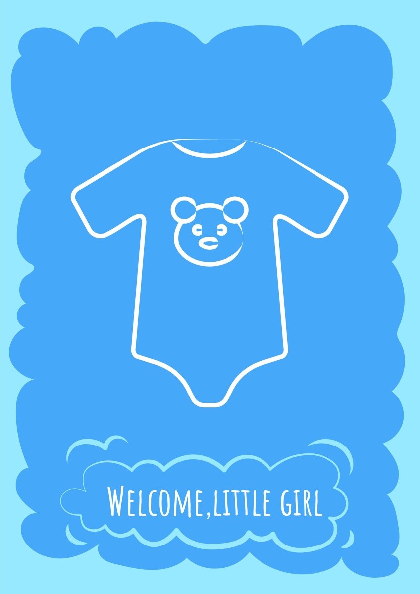 Baby shower blue postcard with linear glyph icon set