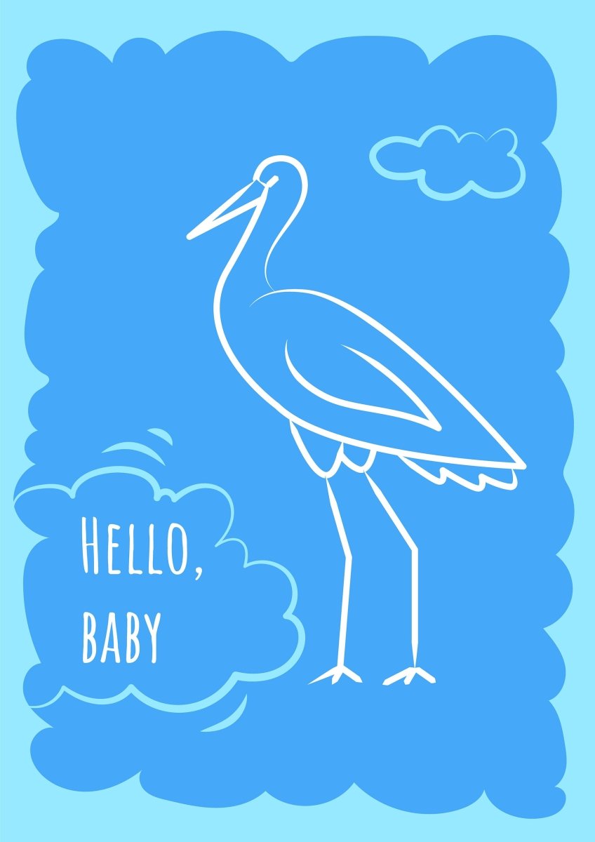 Baby shower blue postcard with linear glyph icon set