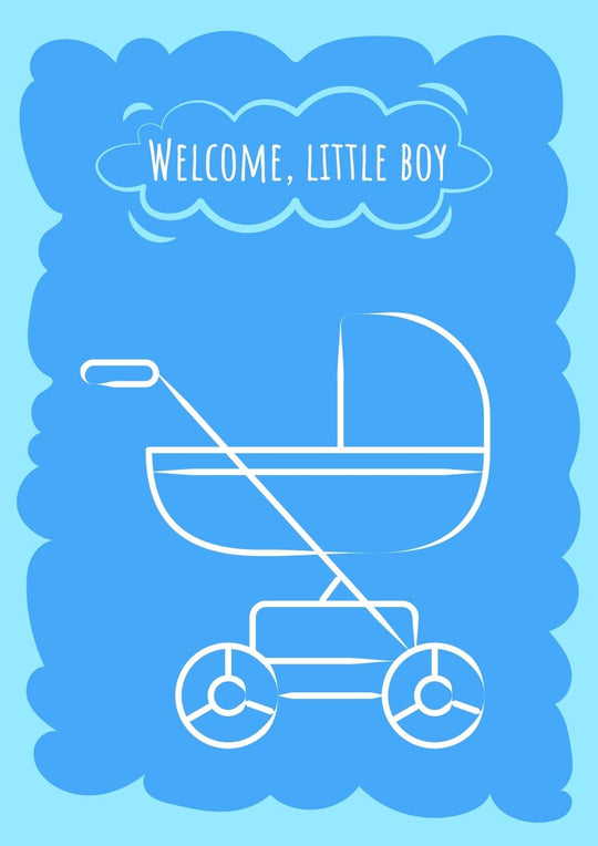 Baby shower blue postcard with linear glyph icon set