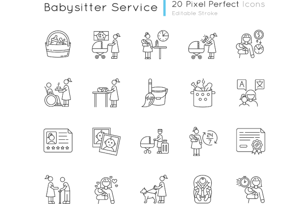 Babysitter service pixel perfect linear icons set