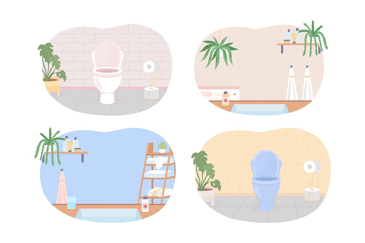 Bathrooms and water closets flat color vector illustrations set