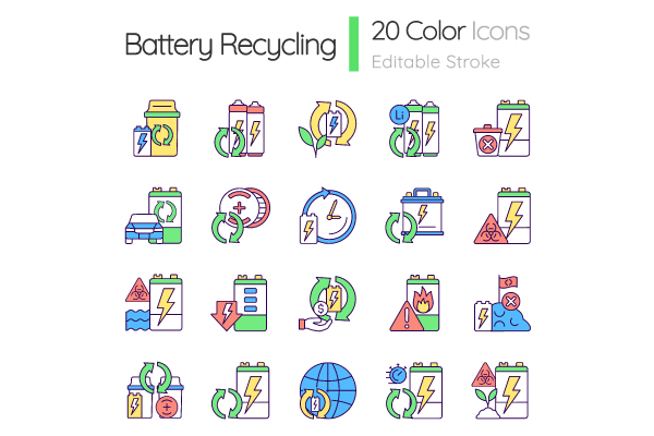 Battery recycling RGB color icons set