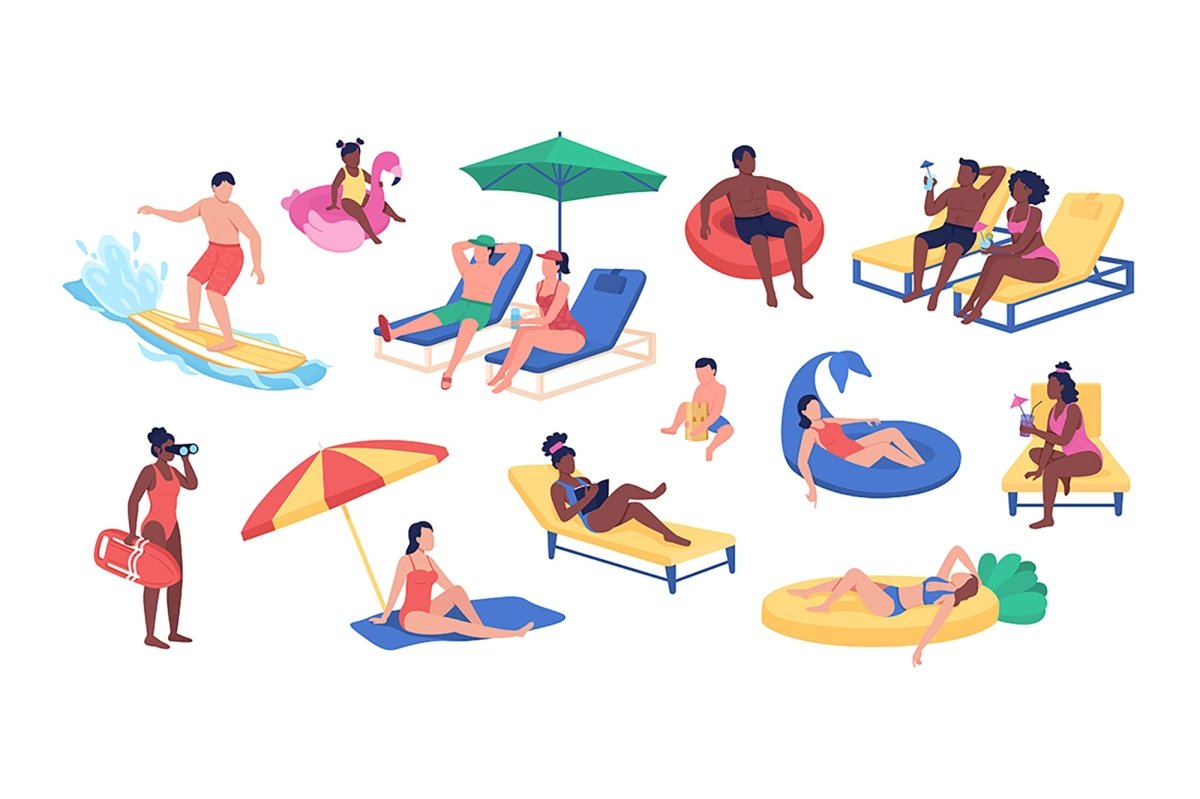 Beach activities semi flat color vector character set