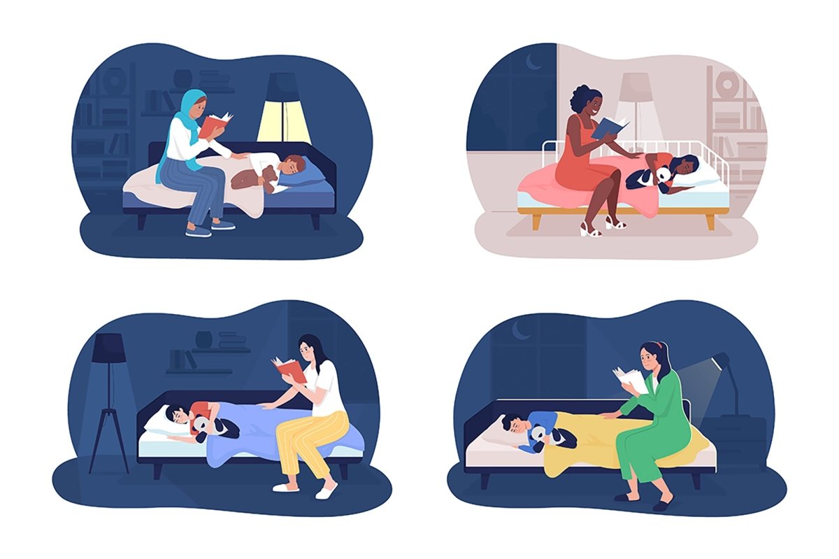 Bedtime story 2D vector isolated illustration set
