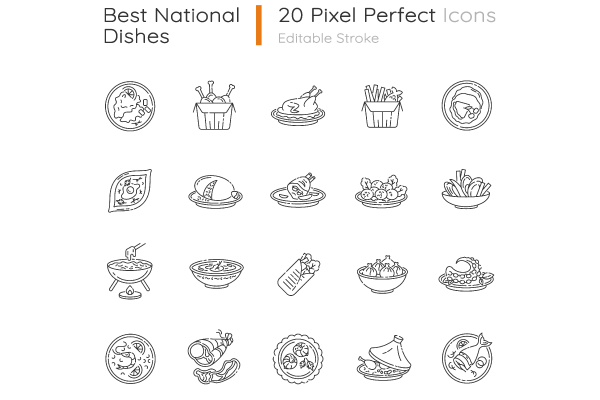 Best national dish pixel perfect linear icons set