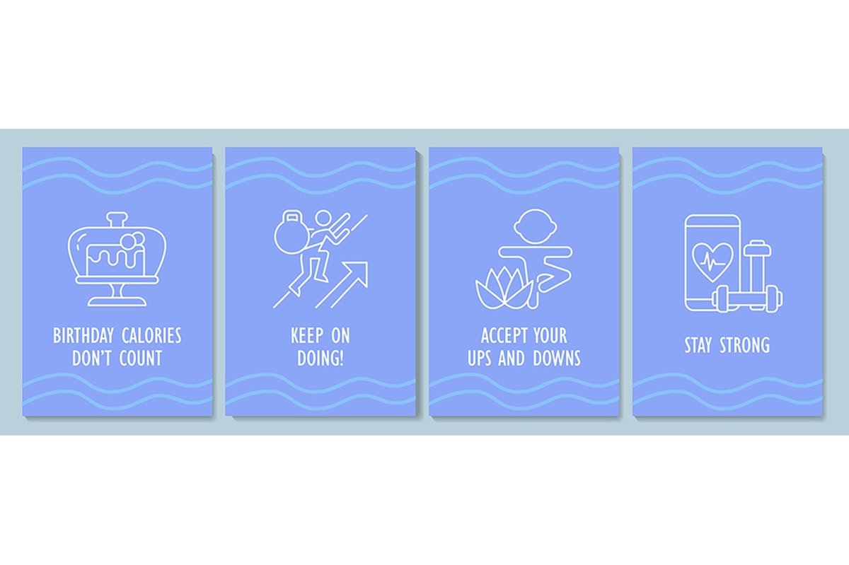 Birthday postcard with linear glyph icon set