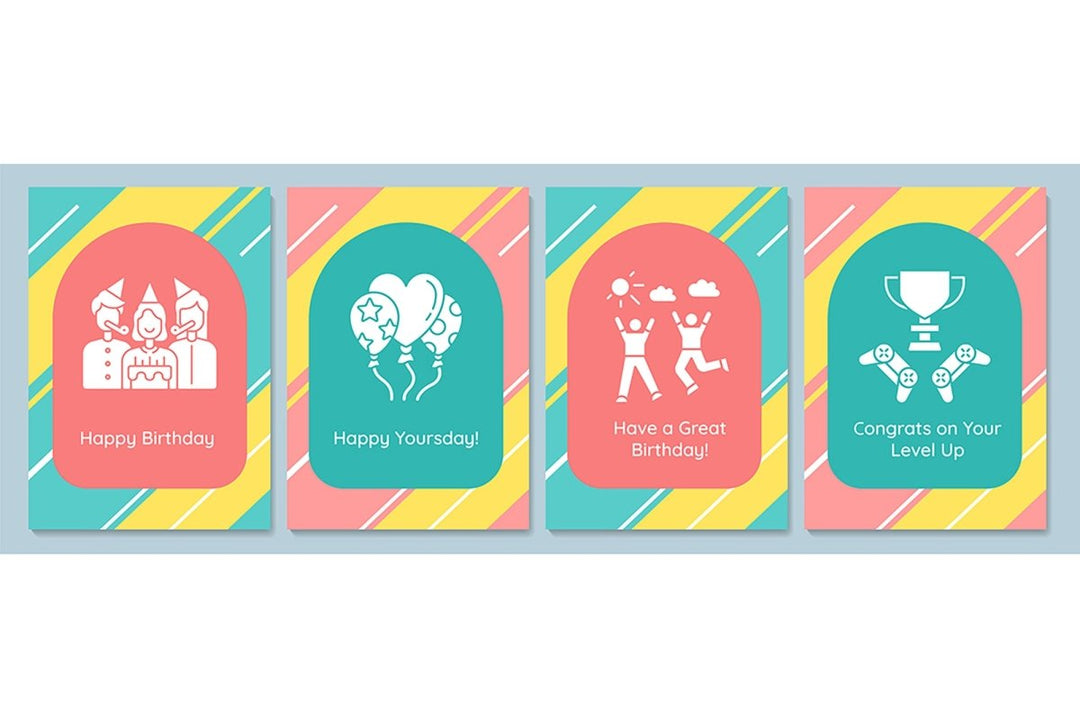 Birthday traditions greeting cards with glyph icon element set