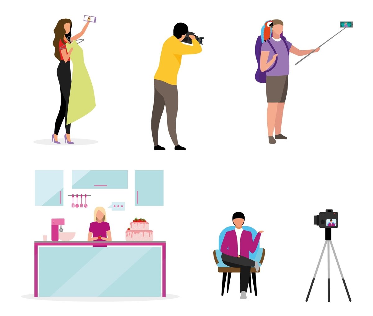 Bloggers flat vector illustrations set
