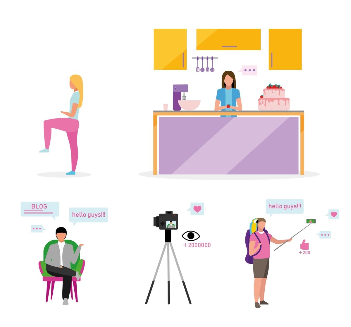Bloggers flat vector illustrations set