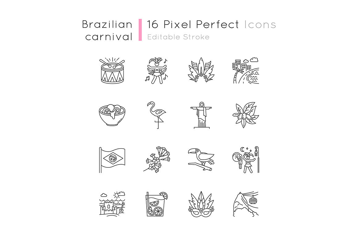 Brazilian carnival pixel perfect linear icons set