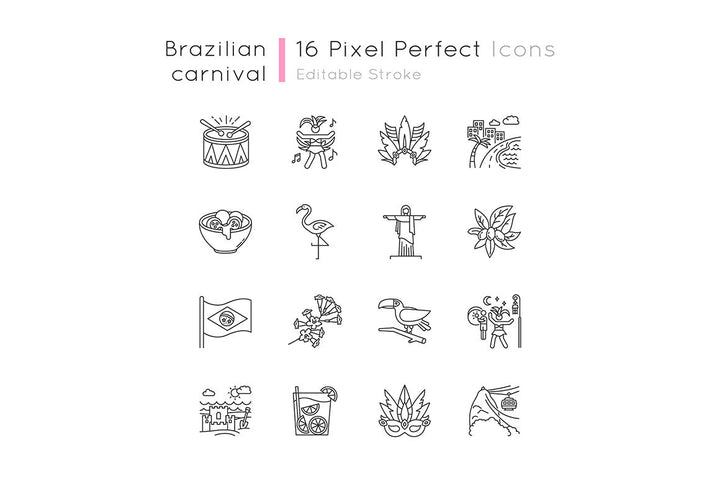 Brazilian carnival pixel perfect linear icons set