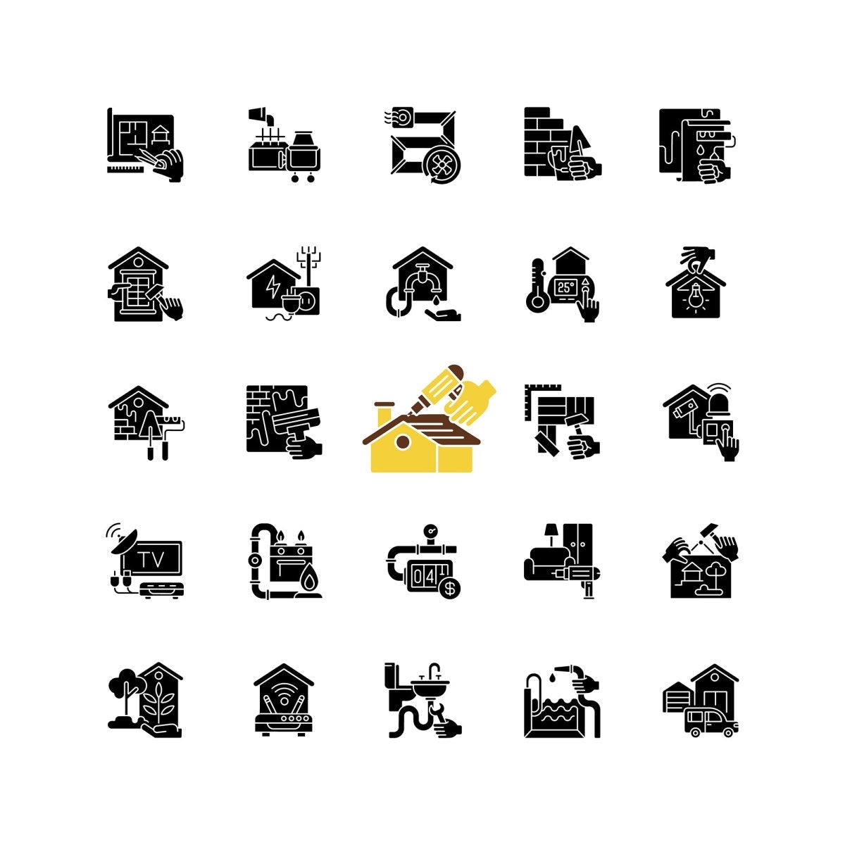 Building and repair house black glyph icons set on white space