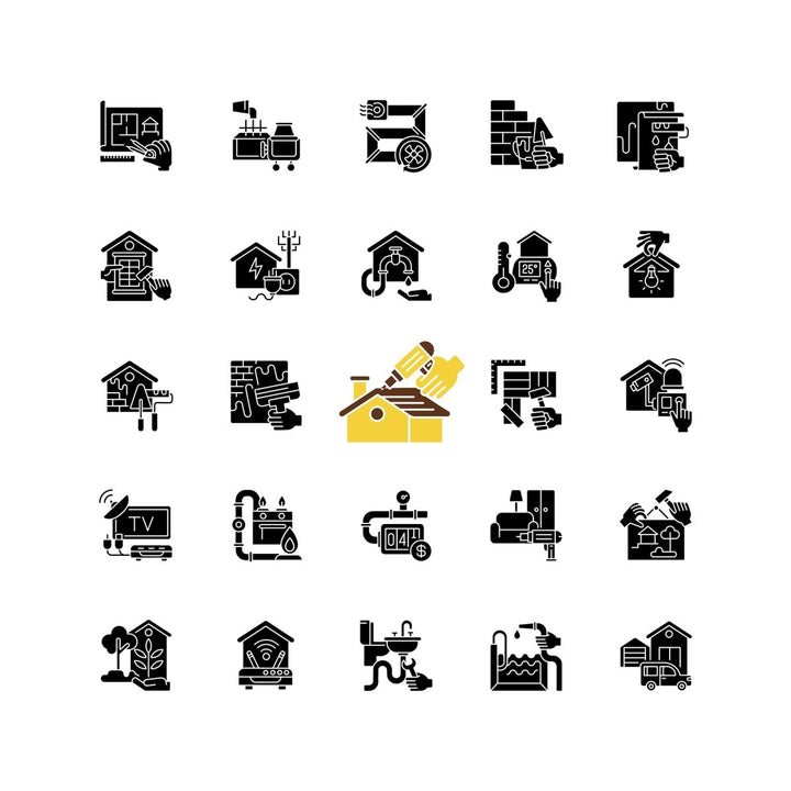 Building and repair house black glyph icons set on white space