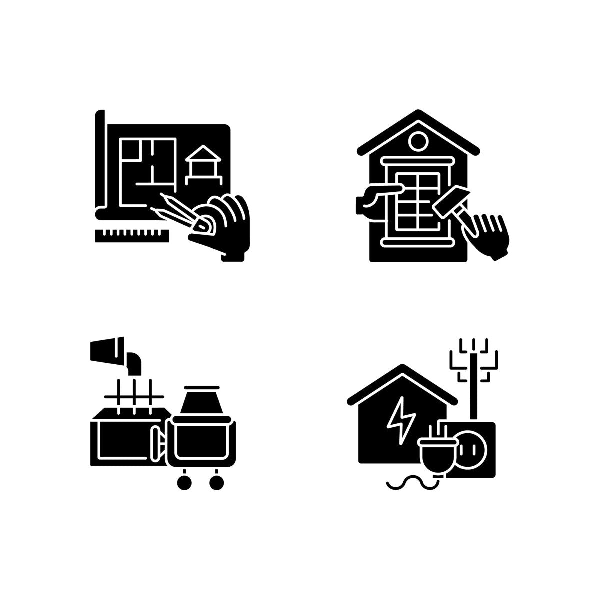 Building and repair house black glyph icons set on white space